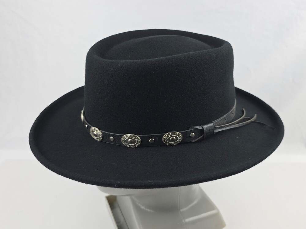 Vintage Eddy Bros Black Wool Gambler Hat Leather Concho Band Size XL Very nice